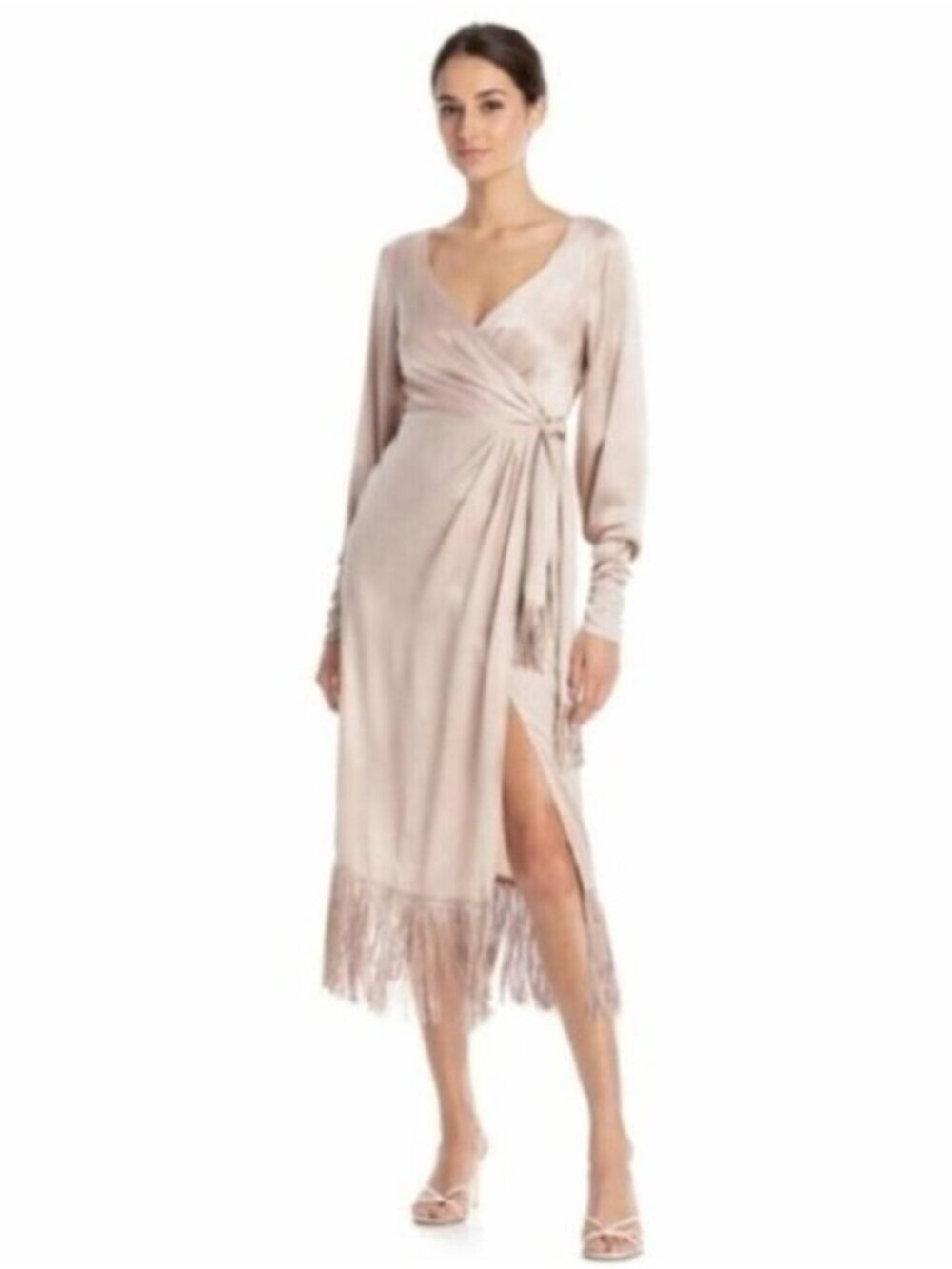 NWT Cinq A Sept Page Fringe Trim Silk Midi Wrap Dress